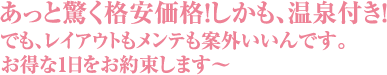 あっと驚く格安価格！しかも、温泉付き！でも、レイアウトもメンテも案外いいんです。お得な1日をお約束します～