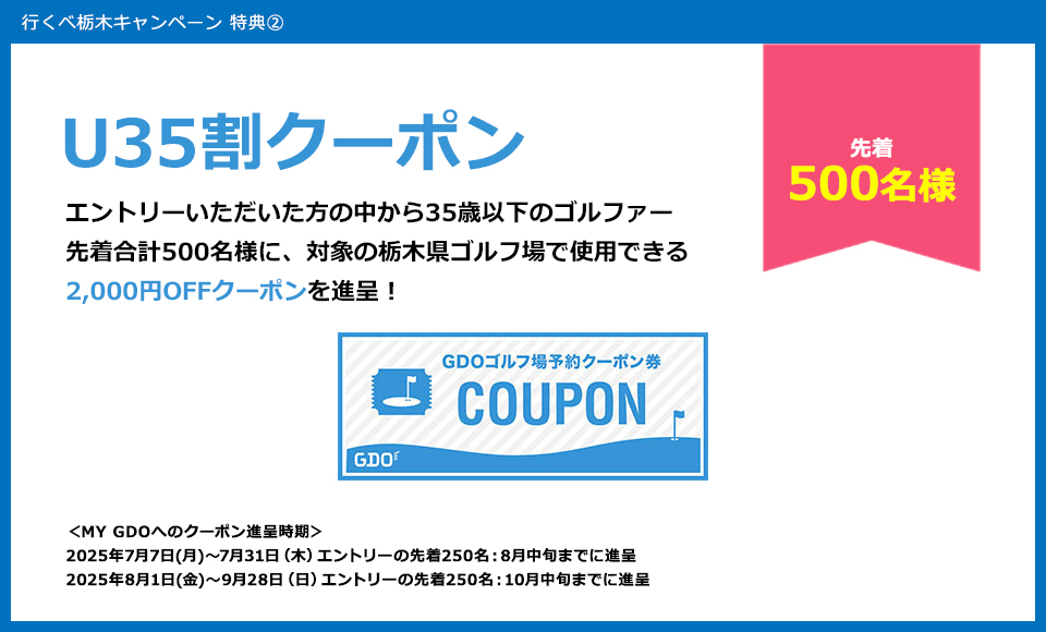 特典2　U35割クーポン　エントリーいただいた方の中から35歳以下のゴルファー500名様に、対象の栃木県ゴルフ場で使用できる2,000円OFFクーポンを進呈！