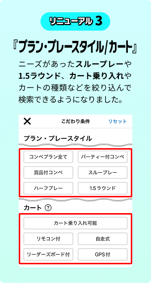リニューアル3 「プラン・プレースタイル/カート」ニーズがあったスループレーや1.5ラウンド、カート乗り入れやカートの種類などを絞り込んで検索できるようになりました。
