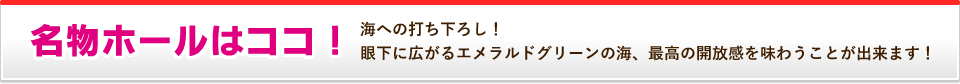 名物ホールはココ！ 海への打ち下ろし！眼下に広がるエメラルドグリーンの海、最高の開放感を味わうことが出来ます！