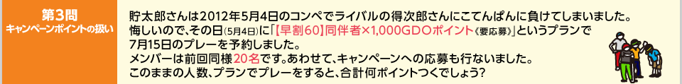 貯太郎さんは2012年5月4日のコンペでライバルの次郎さんにコテンパに負けてしまいました。悔しいので、その日（5月4日）に「早割60同伴者×1000ポイント《要応募》」というプランで7月15のプレーを予約しました。
メンバーは前回同様20名です。またあわせて、キャンペーンへの応募も行ないました。
このままの人数、プランでプレーをすると合計何ポイントつくでしょう？